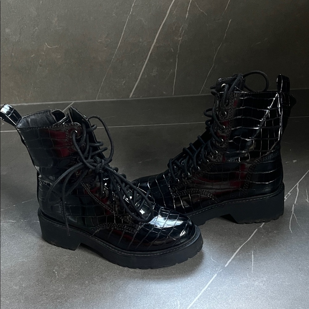 Black Croc-Embossed Lace-Up Boots